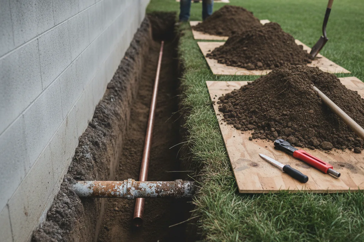 Excavated water line trench during Water Softener Installation in Gonzales